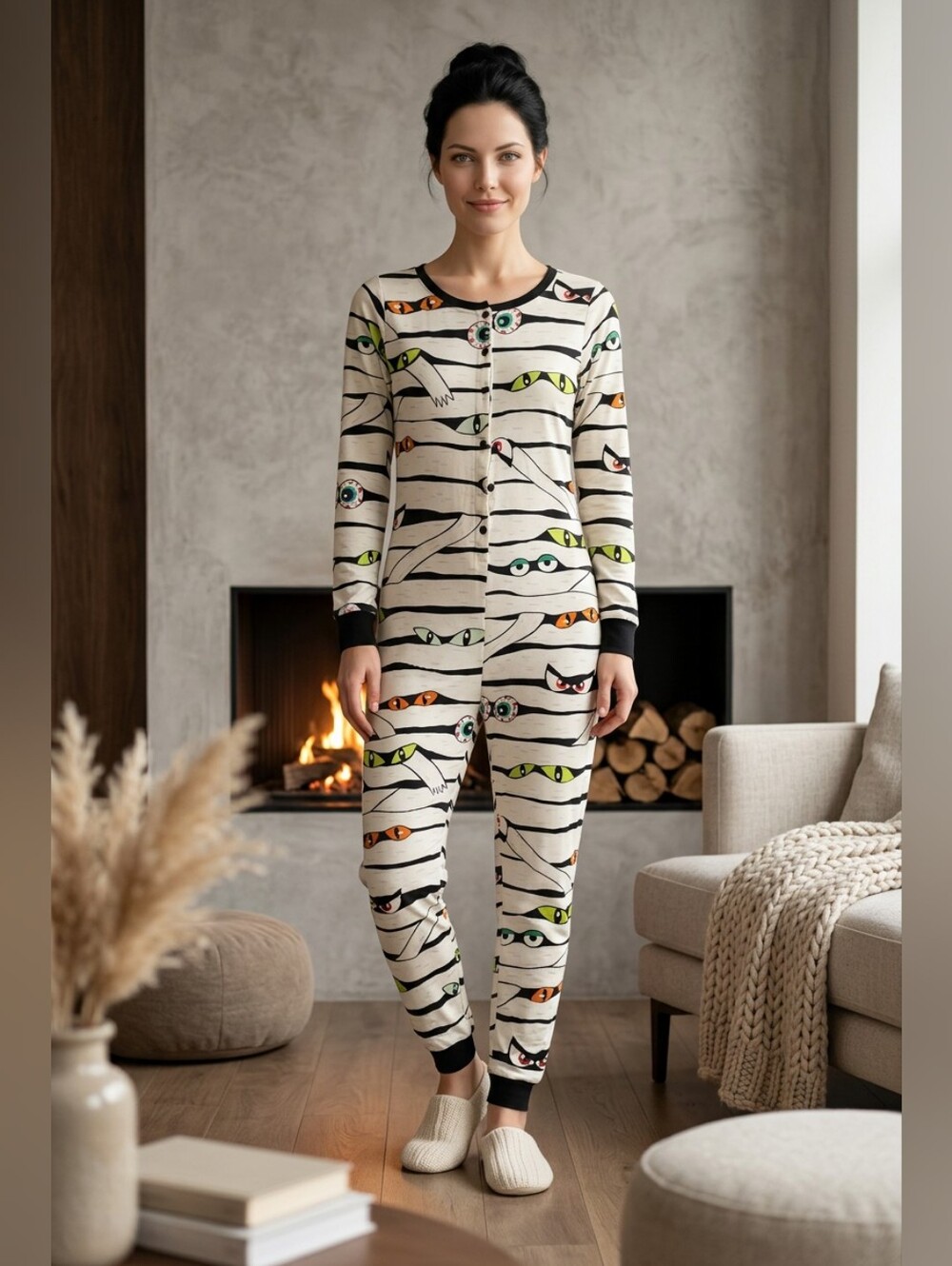 Old Navy Halloween Mummy-Eye Print One-Piece Pajama Jumpsuit w/Black Trim S